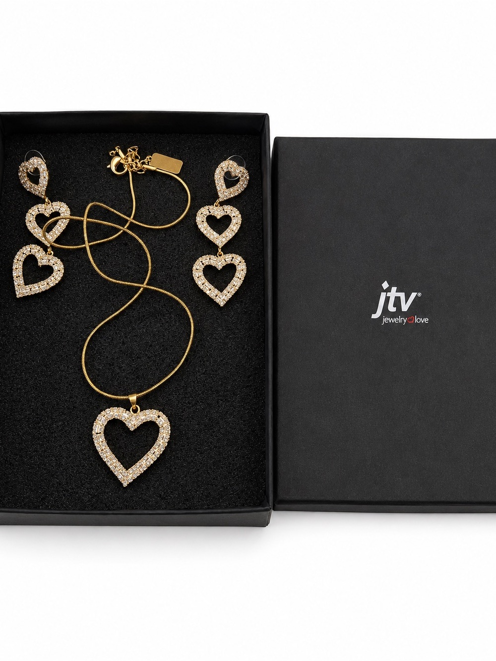 JTV White Crystal Gold Tone Heart Necklace & Triple Heart Earrings Set